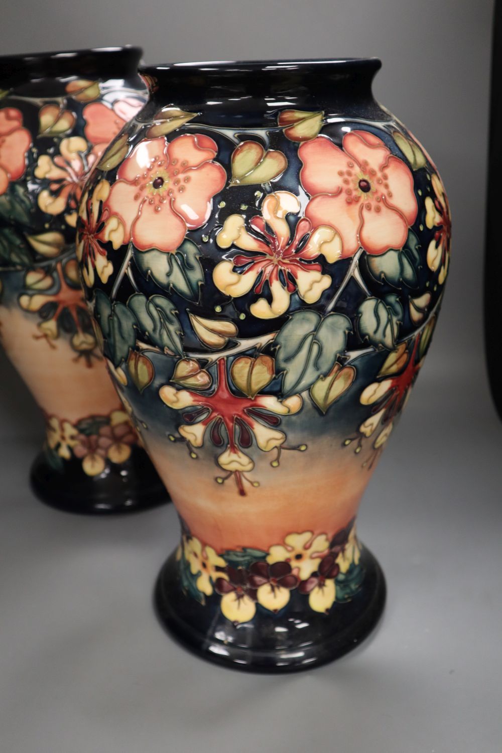 A pair of large Moorcroft Oberon pattern baluster vases, c.1995-7, 43cm high